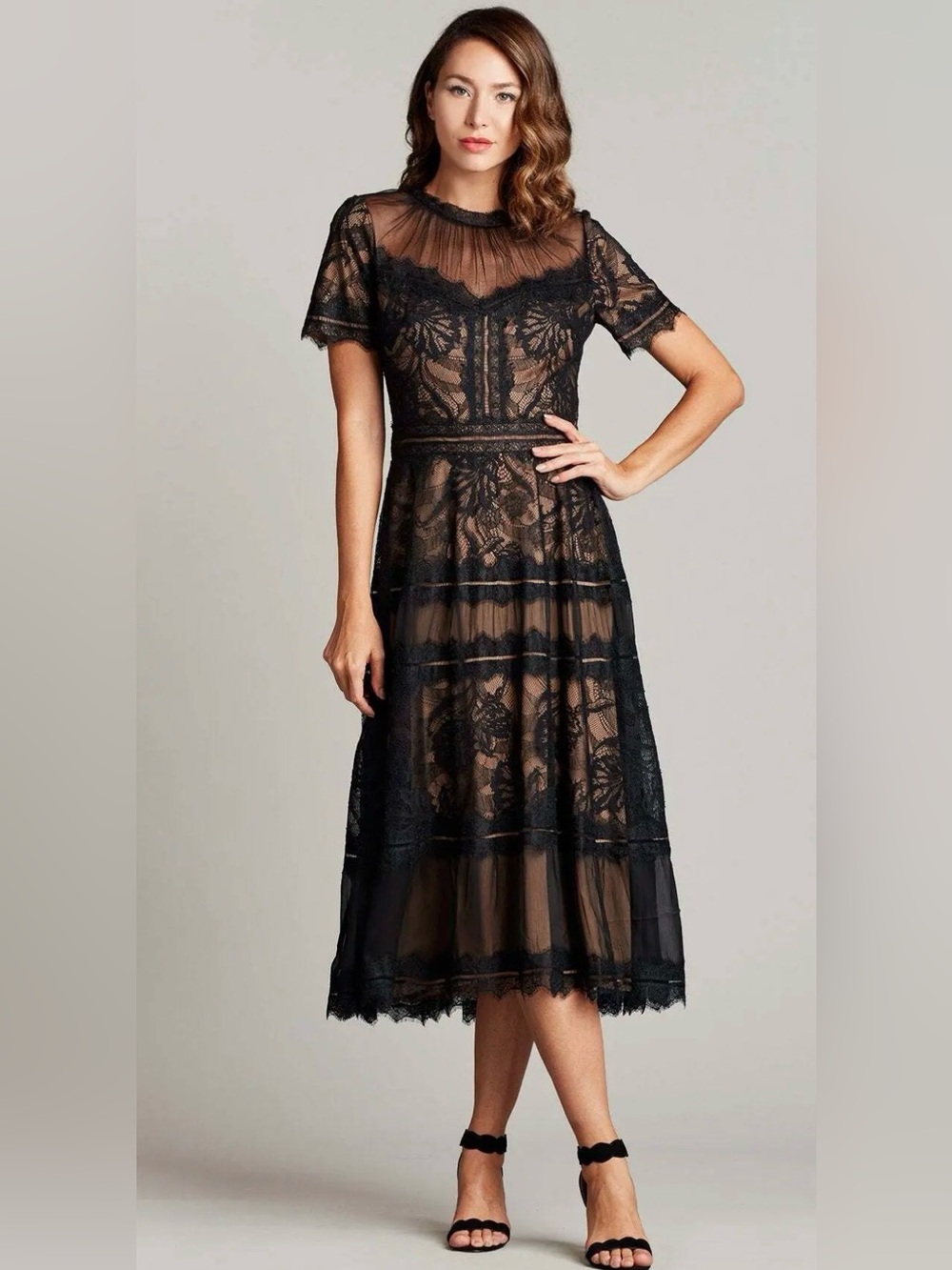 Tadashi Shoji Size 6 Black/Nude Camilla Tea-Length Lace Dress